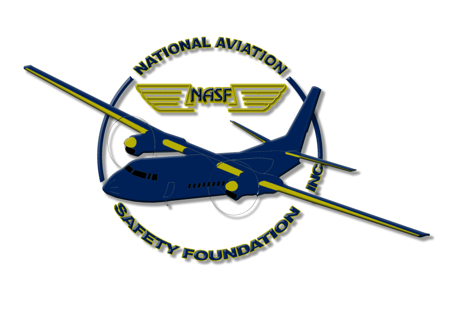 A blue and yellow airplane is in the center of a logo.