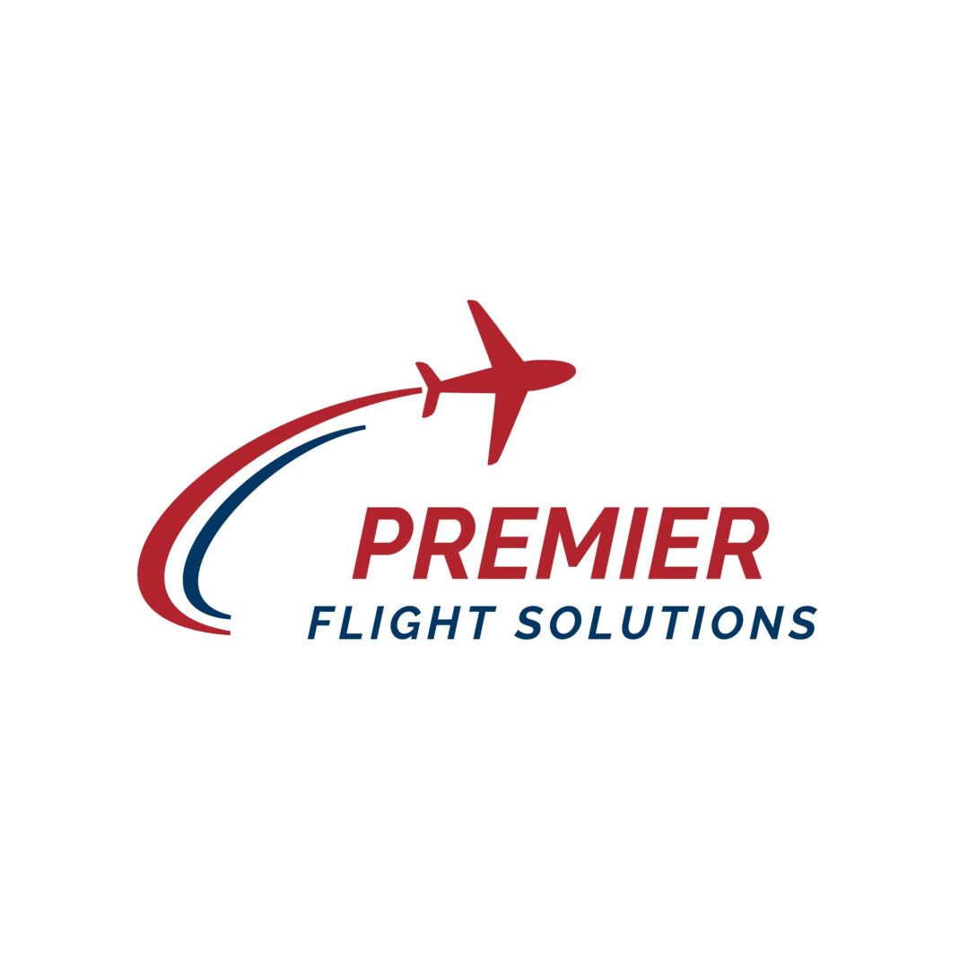 A red and blue logo of premier flight solutions