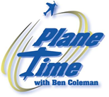 A blue and yellow logo for plane time with ben coleman.